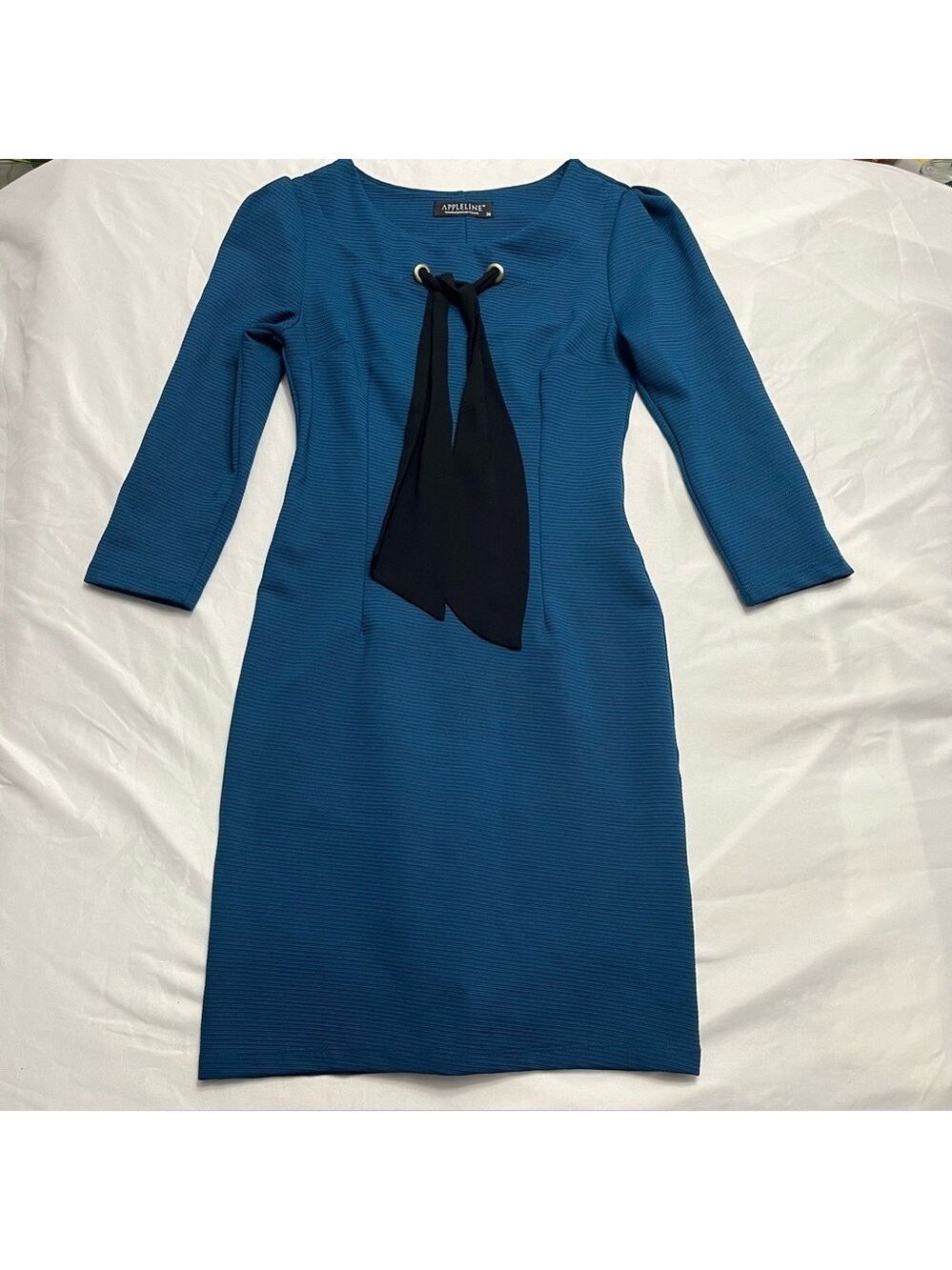Appleline Ribbed Sheath Dress Tie-Neck Bodycon Blue S 4